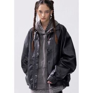 Aelfric Eden Women's Faux Leather Moto Jacket Black Zip Ruched Bomber Size XS